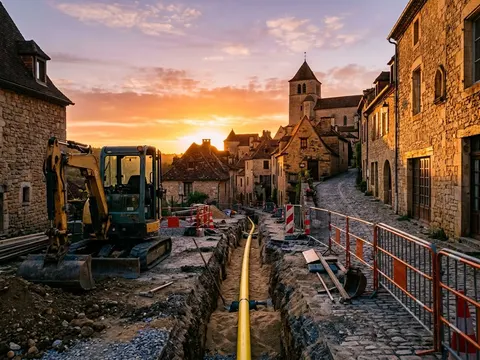 Une conduite de gaz jaune au fond d'une tranchée ouverte dans une rue de village, chantier à l'arrêt sous le soleil couchant.