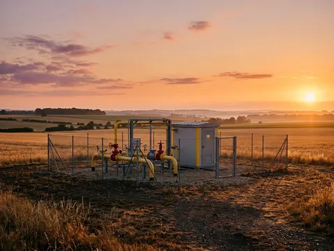 Un poste du réseau de transport de gaz en bordure de champ, conduites jaunes et vannes rouges, sous le soleil couchant.