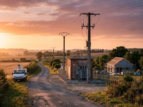 Un poste de transformation et une ligne moyenne tension le long d'une route de campagne au coucher du soleil, un camion-nacelle stationné.