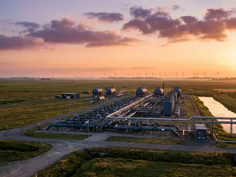 Un grand site de stockage de gaz au milieu de prairies plates d'Europe du Nord, sous un ciel orange et mauve.