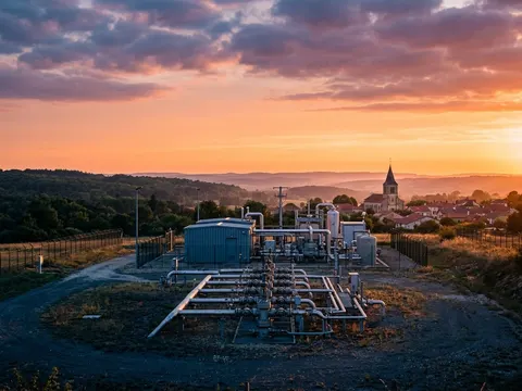 Les installations de surface d'un stockage souterrain de gaz en France, collines et village au loin, sous un ciel orange de fin de journée.