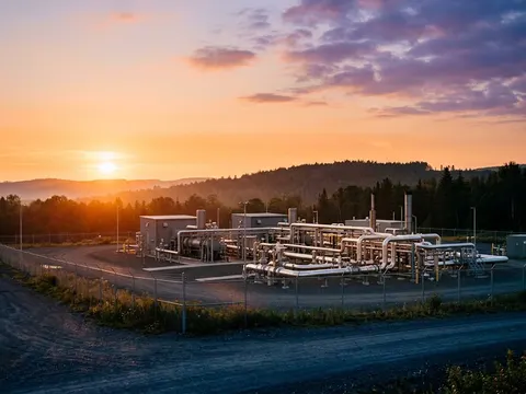 Une station de compression du réseau de transport de gaz, conduites argentées et bâtiments techniques, sous une lumière rasante de fin de journée.