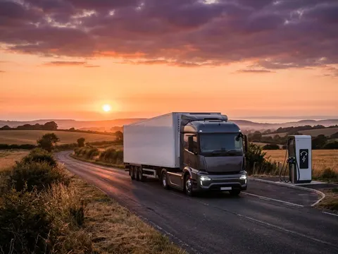 Un poids lourd électrique à remorque frigorifique sur une route de campagne au coucher du soleil, une borne de recharge en bord de route.