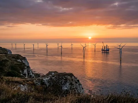 Des éoliennes en mer alignées au large d'une falaise, en contre-jour sur une mer orange et argent.