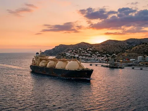 Un méthanier aux cuves sphériques s'approche d'un terminal gazier au coucher du soleil, mer calme et collines au second plan.