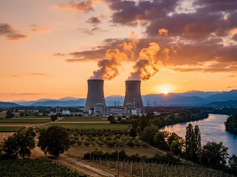 Deux tours de refroidissement et leur panache de vapeur dorés par le soleil couchant, au-dessus de vignes et de vergers.