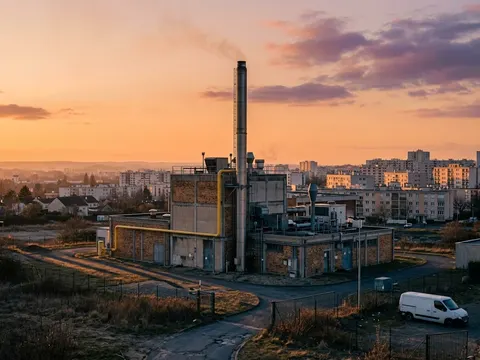 Une chaufferie collective au gaz et sa haute cheminée métallique, en périphérie urbaine, sous un ciel pêche de fin de journée.