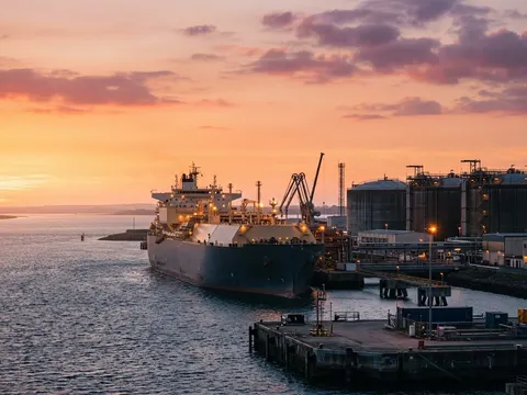 Un méthanier à quai devant les réservoirs d'un terminal, bras de déchargement en place, sous un ciel orange profond.